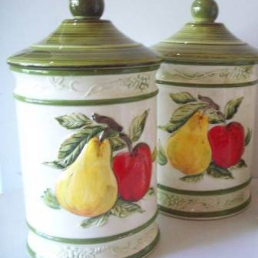 Kitchen Canisters 3D Raised Fruit Porcelain Ceramic Jars + Lids 2 Vtg Containers